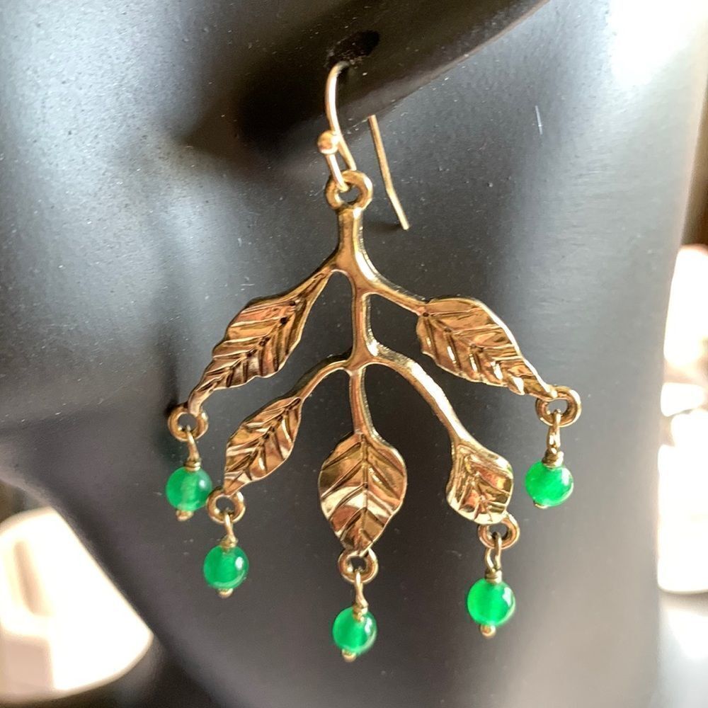 ANTIQUE Gold Tone Dangle Pierced Earrings Tree Branches with Green Beads